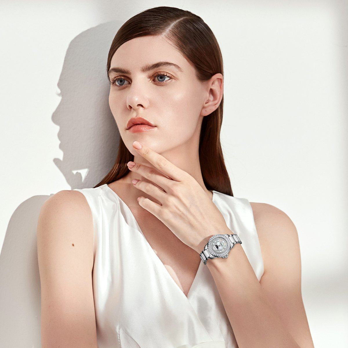 罗西尼时尚镶钻月相进口陶瓷表带 罗西尼outlets店国产腕表