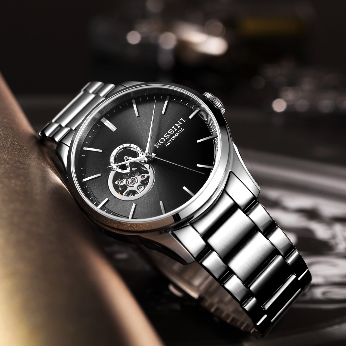 罗西尼手表男自动机械表经典商务镂空男表钢带防水男士腕表618811