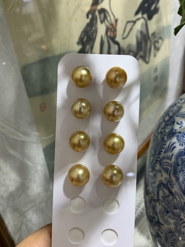 绝美！！ 超浓金12～13mm配对南洋金珠耳钉 正圆，孔后无暇。 - 图2