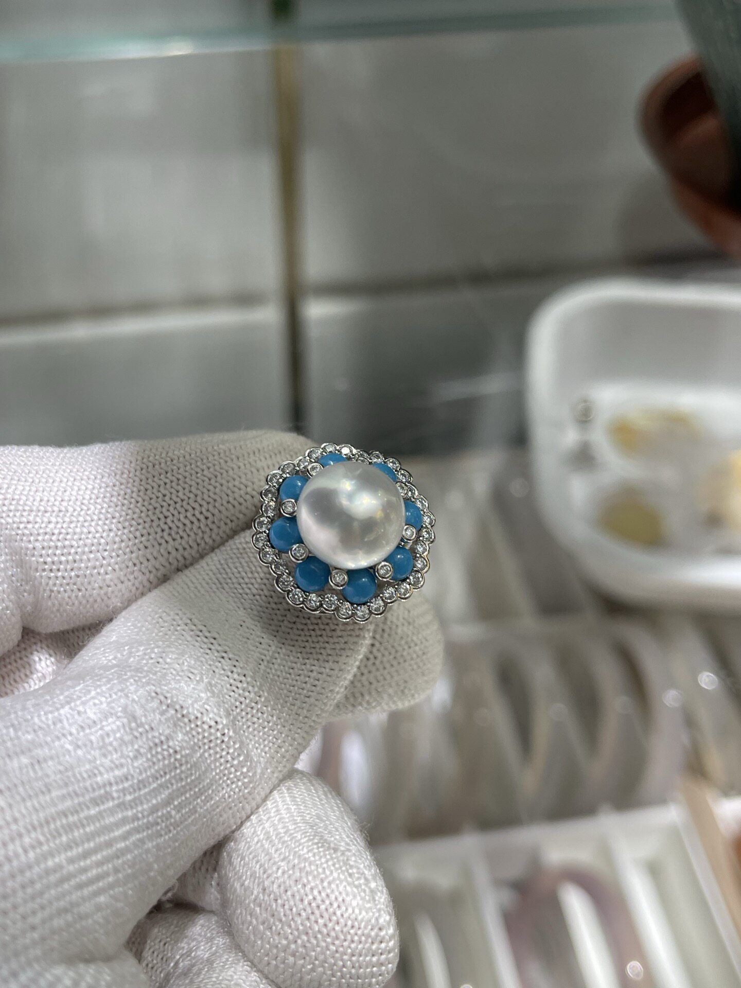 Gemstone 11.9mm Australian White Pearl Ring Heavy Industry S925 Meisong Inlay