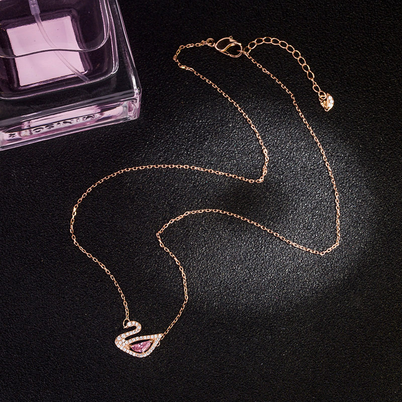 美肯s925纯银粉水晶小天鹅女锁骨链 美肯项链