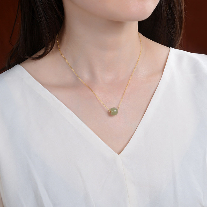 和田玉珠女天然单坠简约18k金镶玉 美肯项坠/吊坠