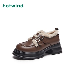 热风黑色小皮鞋女秋冬季新款加绒乐福鞋时尚休闲雪地靴复古风女鞋