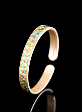 人品银品足银999烧蓝紫藤花手镯内刻心经女描金手环时尚国潮镯子