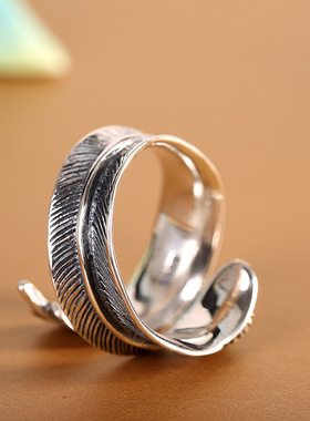 人品银品S925银镶松石羽毛戒指开口个性风潮复古做旧开口男女指环