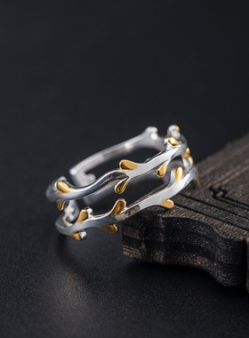 素十八s925银韩版小清新藤蔓戒指女ins风时尚小清新柳枝活口指环