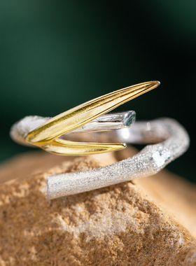 素十八s925银原创设计个性新中式竹节戒指时尚简约竹叶活口指环