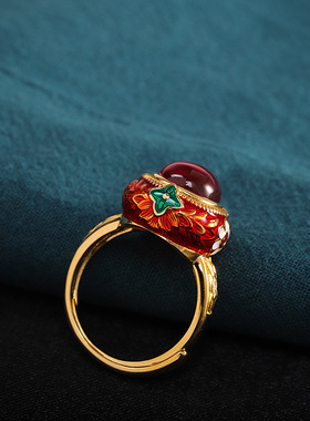 人品银品源头厂货 民族风女士指环s925银饰品珐琅彩红刚玉戒指