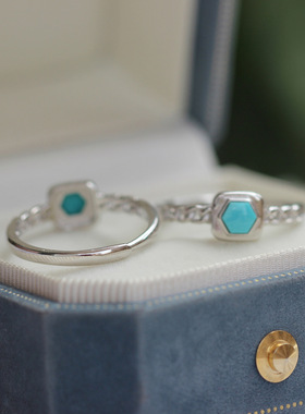 天然绿松石戒指S925银几何六边形高级蓝色松石戒指简约气质复古