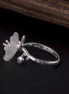 素十八s925银个性创意梅花树枝开口戒指女时尚气质白水晶花卉指环