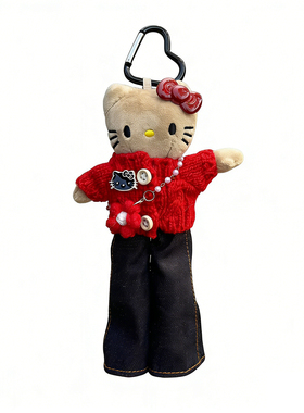 日本正版helloKitty吉他迷彩牛仔纽扣长腿裤黑皮公仔玩偶包挂件新