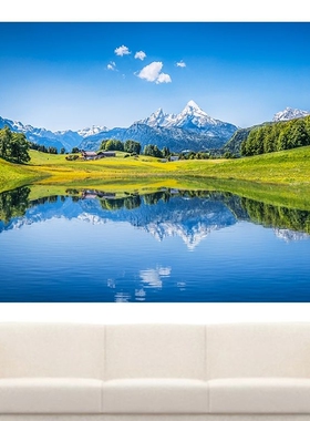 湖泊 青山绿水 树木森林蓝天白云山水风景装饰画客厅卧室墙壁贴画