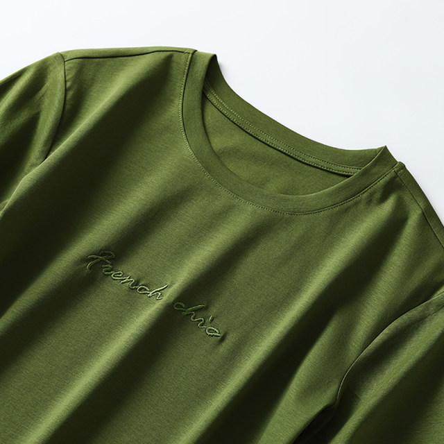 Embroidered letters short-sleeved mercerated cotton round neck T-shirt for women