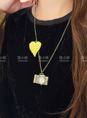 做旧爱心石英怀表长款项链