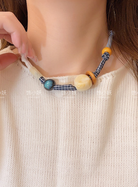 时髦高智~慵懒感拼接布艺项链