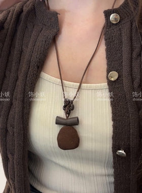 咖色植绒几何项链女复古不规则