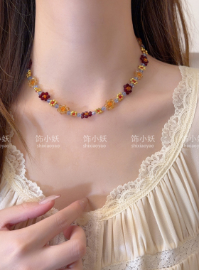 复古彩色花朵串珠锁骨链女百搭