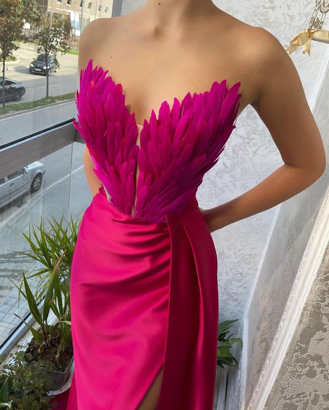 羽毛拖地开衩性感生日派对礼服连衣裙女sexy party evening dress-图1