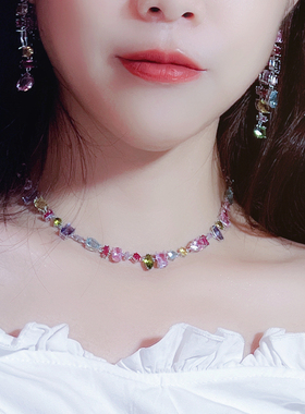 魅芽仙骨七彩锆石锁骨链耳环