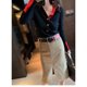 European spring fashion color block V-neck sweater