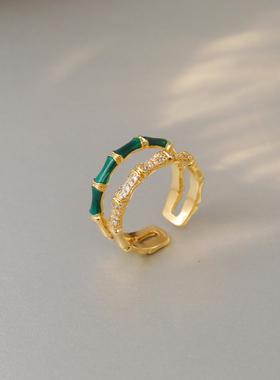 珐琅滴釉竹节形戒指女轻奢小众高级感绿色食指戒复古双层指环手饰