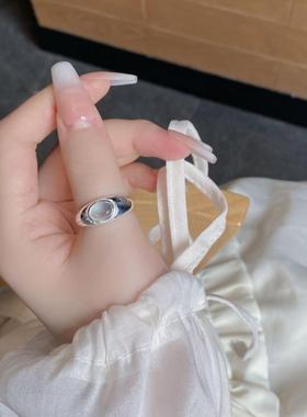 INS博主同款天然海蓝宝水晶戒指女S925纯银高级感百搭可调节指环