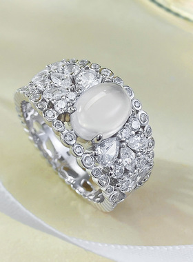 珠宝法式轻奢ins风纯银镂空水沫玉6*8戒指新中式蛋面指环排钻