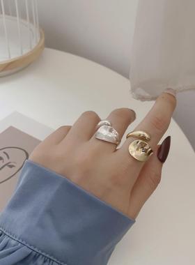 S925纯银水滴开口戒指女极简错边交织光面气质简约潮流手饰指环