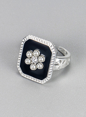 韩国INS复古精致S925纯银方形黑色滴釉戒指韩版珍珠花朵食指指环