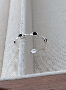 韩版时尚个性冷淡风麻花细边黑色滴胶S925纯银开口戒指女可调节