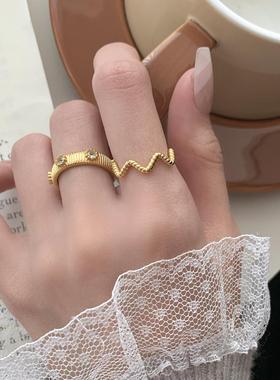 欧美INS极简风通体S925纯银戒指个性麻花波浪纹理复古指环女生