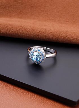 轻奢超闪海蓝色镶钻戒指女2025爆款指环时尚气质高级感开口戒