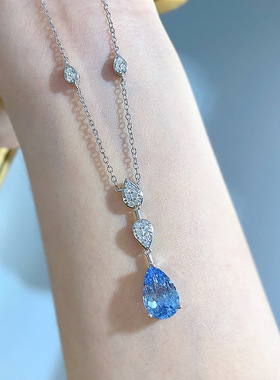 珠宝新款S925银梨形8*12水滴项链海蓝色欧美吊坠女40+5