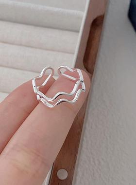小众设计开口女通体925纯银双层波浪戒指曲线造型个性百搭可调节