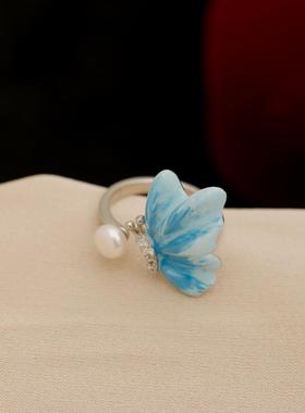 复古油画感蝴蝶戒指女夏季珐琅渐变蓝色珍珠食指戒高颜值爆款戒指