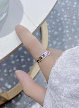 韩国东大门设计S925纯银撞色锆石戒指ins小众几何不规则甜美指环