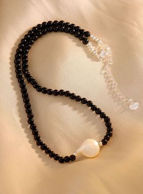 巴洛克天然 淡水珍珠吊坠 黑玛瑙时髦小众串珠项链个性百搭锁骨链