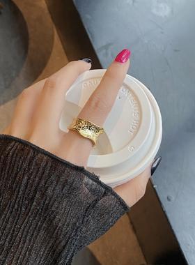 欧美小众性冷淡风捶纹凹面肌理凹凸锡纸戒指s92纯银开口银饰戒指