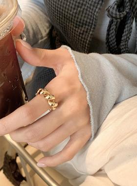 欧美ins冷淡复古百搭925纯银缠绕链条戒指镂空麻花牛角包食指指环