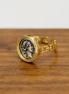 vintage复古做旧古币戒指开口戒独特个性设计高级感指环金色配饰