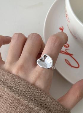 韩版ins冷淡风S925纯银戒指不规则凹面小众设计异形可调节指环女