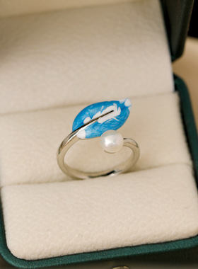 奶油甜美风珐琅戒指女天然淡水珍珠小众树叶设计感开口可调节戒指