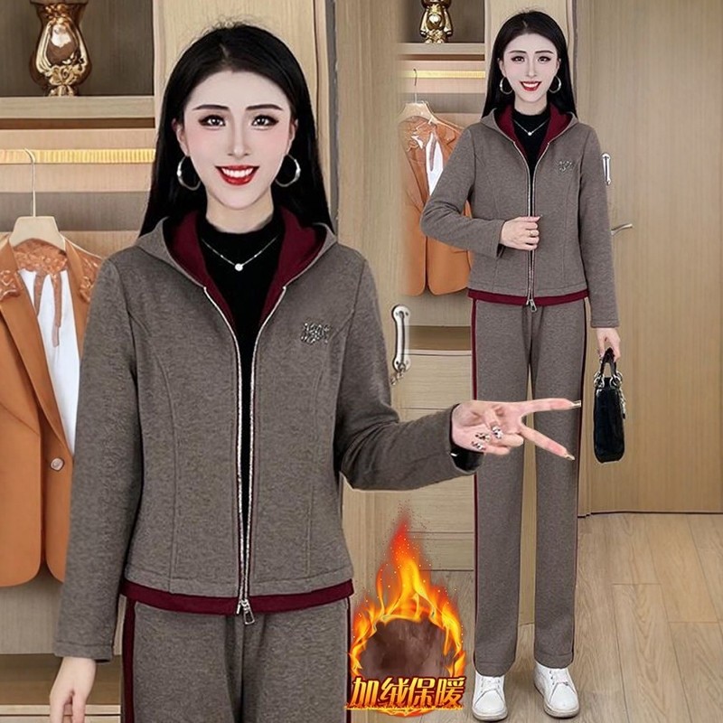 时尚休闲套装女2025冬季新款加绒加厚撞色连帽开衫阔腿裤子两件套,淘宝优惠券,粉丝福利购,淘宝优惠卷