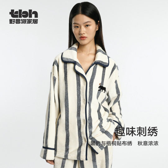 tbh野兽派家居都市野兽黑豹法兰绒家居服套装可外穿冬季情侣睡衣*