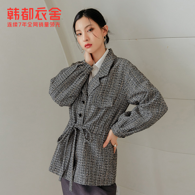 韩都衣舍outlets秋新格纹显瘦系带 韩都衣舍outlets店短外套