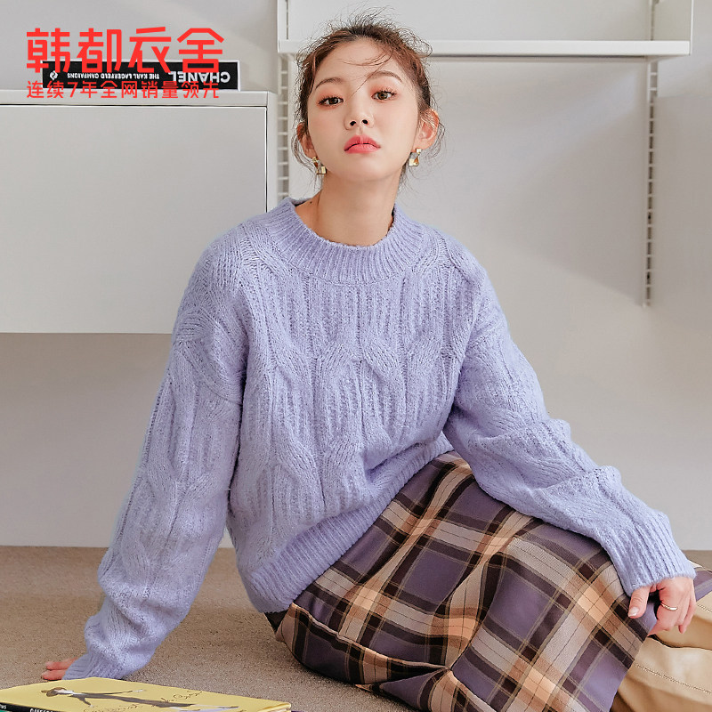 韩都衣舍秋季女装宽松套头复古毛衣 韩都衣舍outlets店毛衣