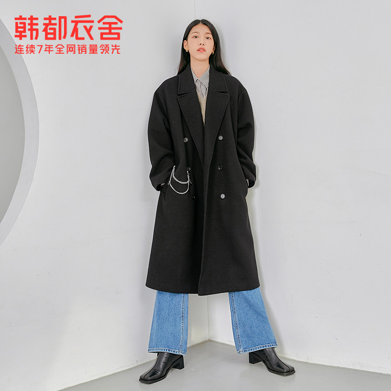 韩都衣舍outlets黑色宽松毛呢大衣 韩都衣舍outlets店毛呢外套
