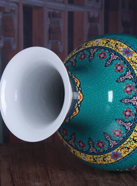 景德镇陶瓷花瓶 绿色花鸟牡丹珐琅彩大号鱼尾瓶复古陶瓷家居装饰