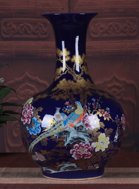 陶瓷花瓶摆件 蓝色金鸡牡丹落地大花瓶 家居客厅装饰工艺品