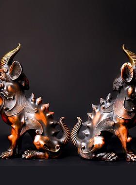 纯铜独角兽摆件室外路口墙角路冲摆放瑞兽一对客厅玄关摆设